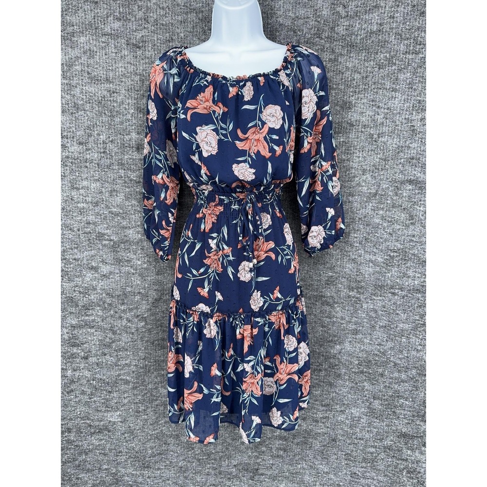 Ryan Michelle Dress Womens PM Blue Floral 3/4 Sleeve Fit & Flare Belted Ruffle